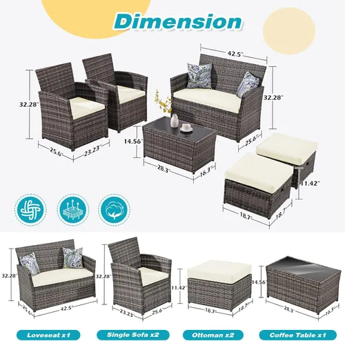 Vista 2 de Juego de muebles de patio de 6 piezas, juego de conversación de mimbre para exteriores, sofá modular de ratán con mesa de centro de cristal