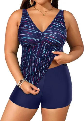 Vista 24 de Yonique Trajes de baño de talla grande para mujer con shorts, control de abdomen, tankini de dos piezas, traje de baño deportivo Aqua y flor azul