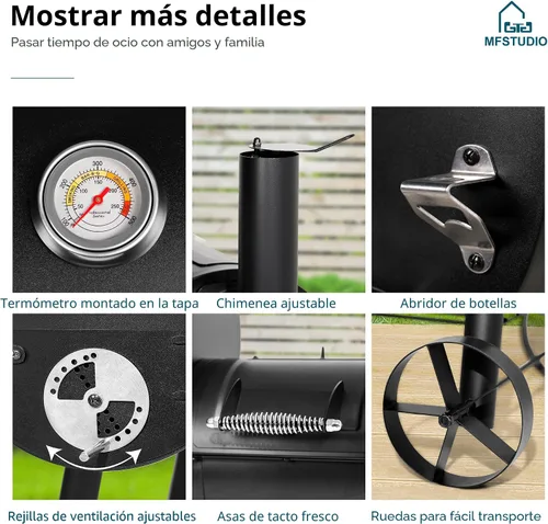 Vista 7 de MFSTUDIO Parrilla ahumadora de madera de carbón resistente para exteriores, parrilla de carbón con ahumador combinado para asar a la barbacoa, 512