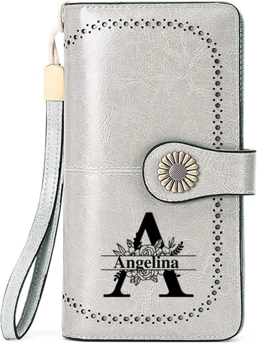 Vista 31 de Cartera de pulsera personalizada, carteras con nombre grabado personalizado con bloqueo RFID, gran capacidad, cartera de mano para tarjetas de Cuero