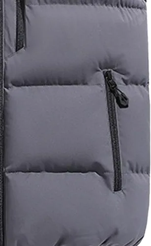 Vista 6 de Chaleco de invierno para hombre, acolchado, sin mangas, con capucha extraíble, informal, con cremallera y cálido.