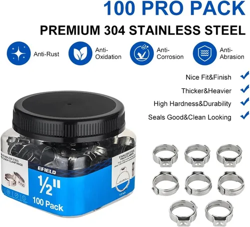 Vista 2 de EFIELD - Paquete de 100 anillos de abrazadera de acero inoxidable de 1/2 pulgada para tubos Pex (CLAMP017)