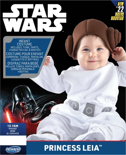 Vista 2 de STAR WARS - Disfraz de princesa Leia oficial de lujo para bebé, overol estampado premium con botines y gorra adjuntos