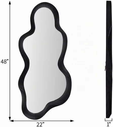 Vista 9 de Espejo de pared irregular de 48 x 22 pulgadas, espejo de pared con marco negro de madera, espejo ondulado de pared asimétrico para sala de estar