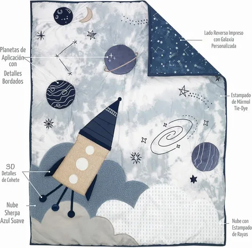 Vista 3 de Lambs & Ivy Sky Rocket - Juego de ropa de cama para cuna de bebé, 5 piezas, galaxia azul y espacio