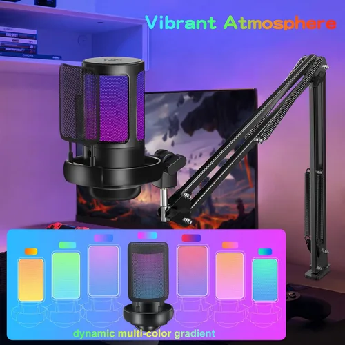 Vista 3 de KingSom - Micrófono USB para juegos, micrófono de condensador con cancelación de ruido con brazo articulado, micrófonos para podcast RGB