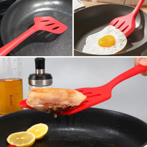 Vista 6 de Juego de 4 espátulas de silicona, espátula de silicona para uso en cocina, espátula ranurada para huevos, panqueques (rojo)