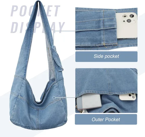 Vista 3 de Bolsas de mezclilla estilo hobo para mujer, estilo retro, para el hombro, estilo casual, para adolescentes, niñas