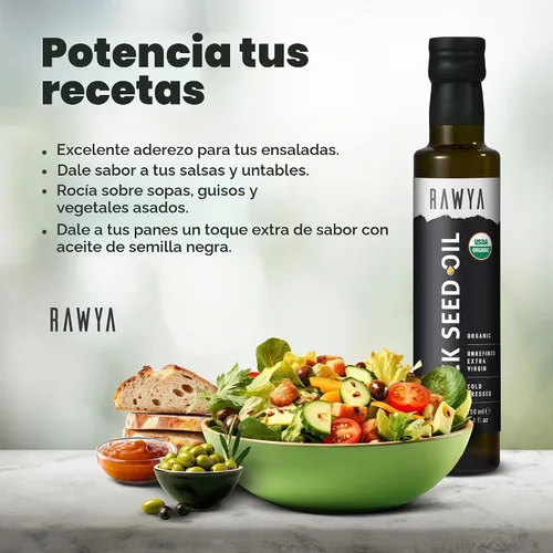 Vista 4 de RAWYA Aceite de semilla negra – Certificado orgánico USDA – prensado en frío – 8.4 onzas líquidas – Extra virgen – Semilla de comino negro turco
