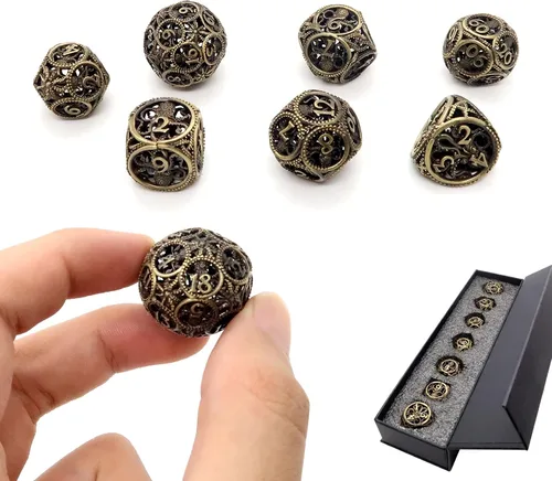 Vista 16 de Dados DND, dados de metal huecos D&D, juego de dados de mazmorras y dragones con caja de regalo, 7 piezas de juegos de dados poliédricos steampunk