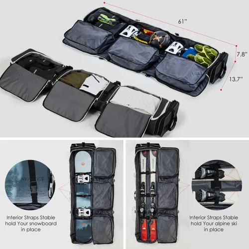 Vista 6 de XCMAN Bolsa de snowboard con ruedas de 63 a 75 pulgadas de longitud ajustable para botas de snowboard de viaje aéreo