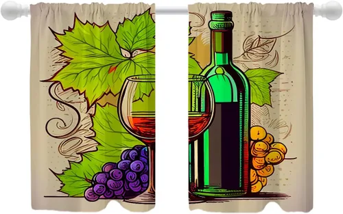 Vista 27 de Shrahala Cortinas opacas con diseño de uvas maduras de dibujos animados, copa de vino y botella, cenefa de cocina, cortinas de bloqueo de luz