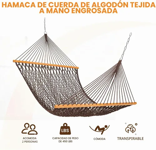 Vista 4 de Lazy Daze Hammocks Hamaca de Cuerda Doble, Hamaca Tradicional de Cuerda de Algodón Tejida a Mano para 2 Personas al Aire Libre con Barra Separadora
