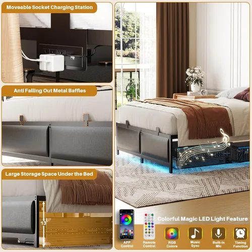 Vista 6 de Besiost Base de cama de tamaño individual con cabecera ajustable de 3 alturas, cama de plataforma tapizada de cuero con luz LED y estación de carga