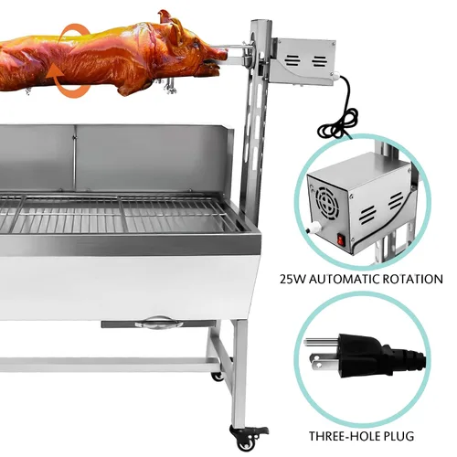 Vista 6 de Asador de acero inoxidable, asador de cordero de cerdo pequeño con motor de 25 W, parrilla asadora de carbón de 37 pulgadas para acampar al aire