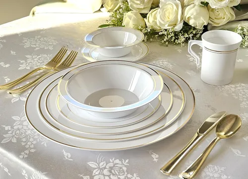 Vista 2 de Platos de plástico desechables Occasions para fiestas de boda (120 unidades), Blanco / Borde dorado
