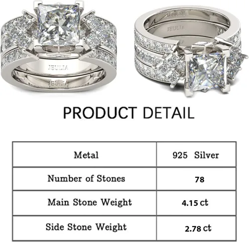 Vista 2 de Jeulia - Juego de anillos de novia de 4.1 quilates para mujer, anillos de compromiso de corte princesa, anillos intercambiables de boda de plata