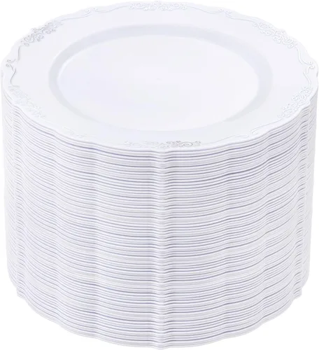 Vista 25 de DaYammi 60 platos de plástico blanco, platos de postre desechables de 7.5 A Blanco