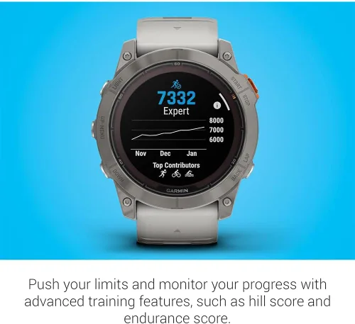 Vista 5 de Garmin Fenix 7X Pro Sapphire Solar, reloj inteligente GPS multideportivo, linterna integrada, carga solar, titanio con banda gris nieblanaranja