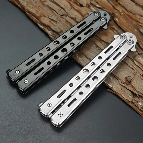 Vista 4 de Cuchillo de mariposa, paquete de 2 cuchillos de práctica de entrenamiento de artes marciales espadas de acero de metal plegable cuchillo