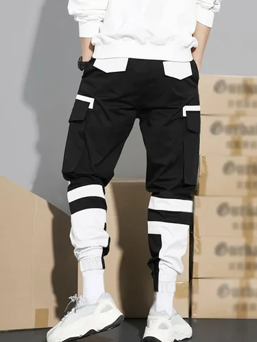 Vista 2 de Floerns Pantalones largos de carga de cintura alta con cordón de bloque de color para hombre con bolsillo