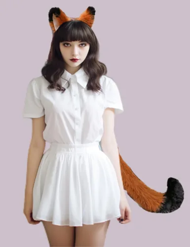 Vista 4 de Disfraz de gato o zorro para fiesta de disfraces o cosplay, color negro, con cola de 19.7 pulgadas y orejas a juego, también regalo para niños