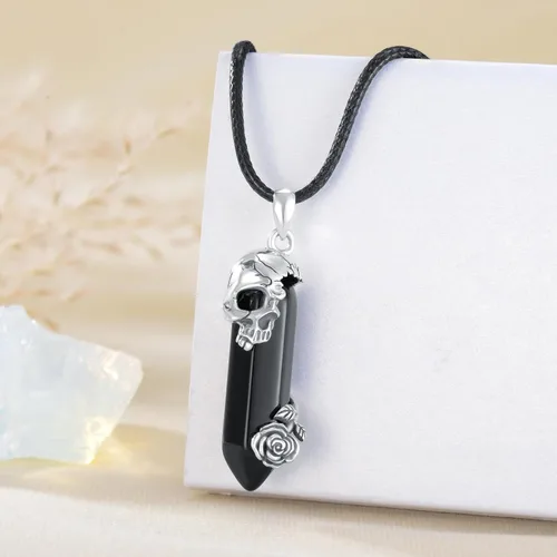 Vista 2 de OHAYOO Gothic Skull Pendant Necklace for Women Mens 925 Sterling Silver Rose SkullRib Cage Spider Black Quartz Crystal Necklace Christmas Jewlery