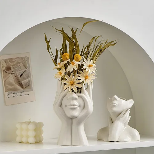 Vista 3 de FJS Jarrones de Cerámica con Cara, Jarrones de Flores Blancos para Decoración, 3.5" An x 7" Al Jarrón Decorativo Moderno como Centro de Mesa
