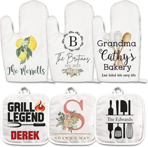 Vista 3 de Angela's Kitchen - Juego de guantes de horno personalizados y soporte para ollas Regalos de cocina personalizados Inauguración de la casa