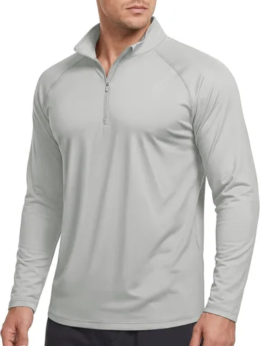 Vista 16 de CRYSULLY Camiseta de manga larga con cremallera de 1/4 para hombre, con protección solar, pullover UPF 50+, rash guard para correr, camiseta ligera
