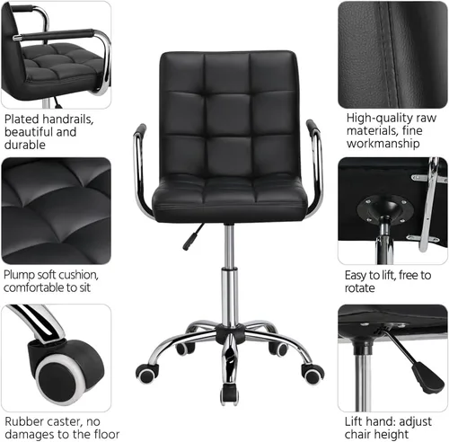 Vista 4 de Yaheetech - Silla de escritorio - Silla de oficina con brazos/ruedas para estudiantes, giratoria, de piel sintética, para computadora en casa