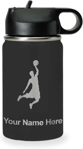 Vista 52 de LaserGram Botella de Agua Personalizada, Basketball Slam Dunk Man, Acero Inoxidable de Doble Pared con Aislamiento al Vacío con Pajita Abatible