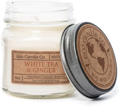 Vista 45 de ECO CANDLE CO. Vela reciclada, té negro y miel, 6 oz. - Aromas de té picante, nuez moscada, miel y naranja - 100% cera de soja, sin plomo, etiqueta