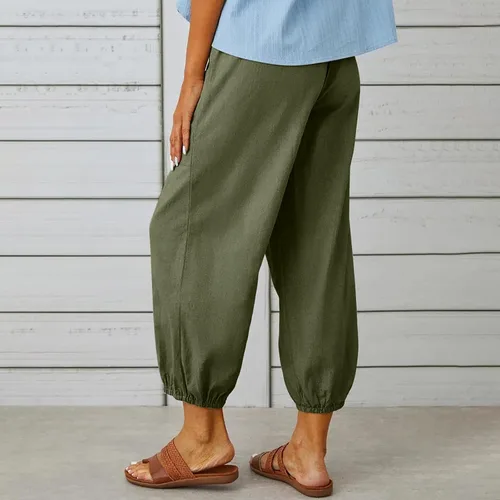 Vista 4 de Pantalones capripants sólidos con cordón de algodón y lino para mujer, pantalones capri de pierna recta con bolsillos