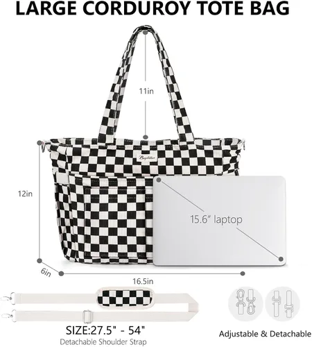 Vista 2 de Bolsa tote de pana para mujeres, 17 bolsillos para laptop de trabajo, ligera, para maestras, enfermeras, bolsa de hombro bíblica para escuela