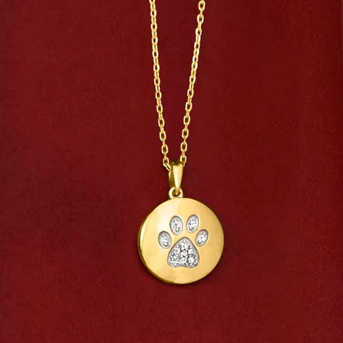 Vista 5 de Ross-Simons Diamond-Accented Paw Print Circle Pendant Necklace in 18kt Gold Over Sterling