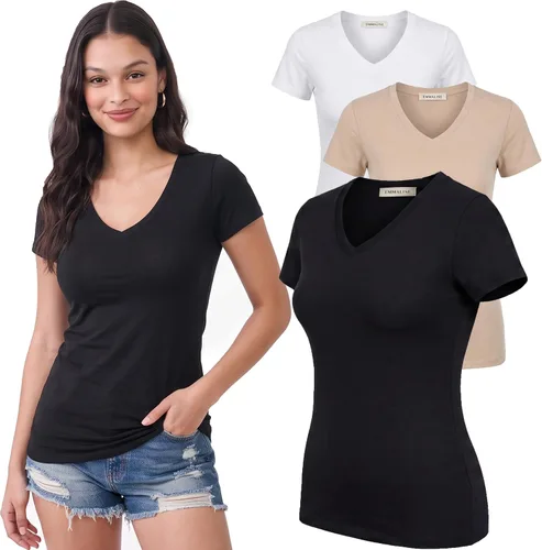 Vista 135 de Emmalise Camiseta de manga corta para mujer, cuello en V, tallas junior y plus
