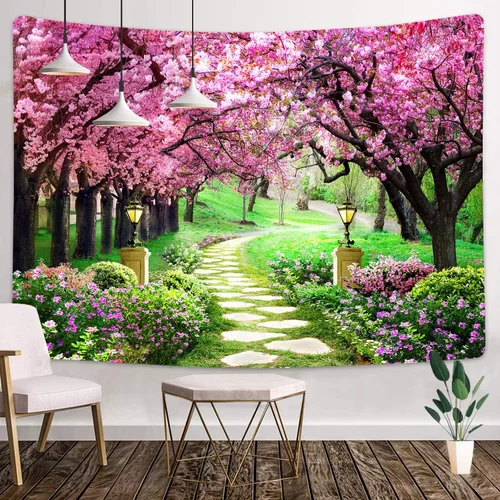 Vista 8 de Tapiz japonés de flores de cerezo para ventana, camino de bosque de árboles, flores rosas, botánico, floral, paisaje natural, estético para sala