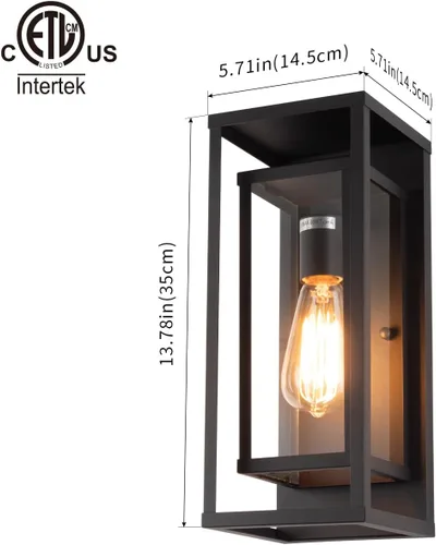 Vista 4 de mirrea Aplique de pared clásico para exteriores de 14 pulgadas, 1 luz en negro mate, marco de metal rectangular y pantalla de vidrio transparente