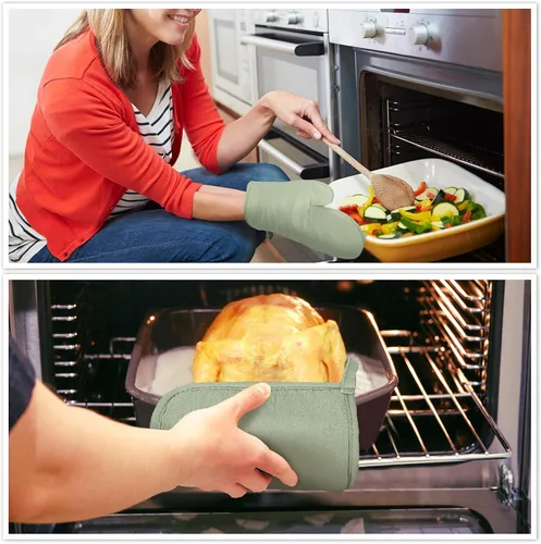 Vista 7 de Rtteri Juego de 5 manoplas de horno verdes para ollas y toallas de cocina, 1 guante de horno de cocina y 2 paños de cocina, 2 agarraderas verdes
