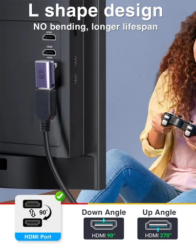 Vista 2 de Duttek 90 Degree HDMI Adapter 4 Styles, 8K HDMI 90 Degree Adapter[48Gbps, 8K@60Hz] Up&Down Angle, Left&Right Angle HDMI Male to Female Extender