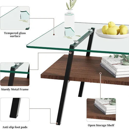 Vista 6 de Mesa auxiliar de cristal para sala de estar, mesa de centro de 2 niveles de mediados de siglo, mesa central con parte superior de vidrio templado