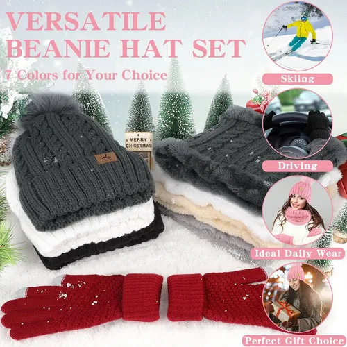 Vista 8 de Winter Beanie Hat Scarf Gloves Set, Soft Fleece Knit Hat Warm Touchscreen Gloves Neck Warmer Thick Scarves Gifts for Women