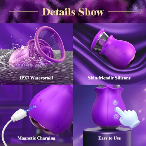 Vista 5 de Vibrador de Succión con Forma de Rosa - Juguetes Sexuales para Adultos 3 en 1 con Copa Desmontable para Estimulación del Clítoris y del Pezón