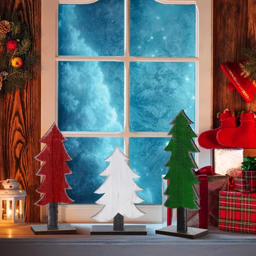 Vista 3 de Meooeck 3 piezas de árboles de Navidad de madera verde, blanca y roja, decoración rústica de Navidad, centros de mesa para mesas con base