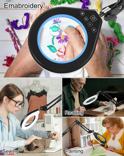 Vista 8 de Lupa 10X y 5X con luz, brazo oscilante ultra largo, 5 colores y 10 de brillo, lente de cristal real, lámpara de aumento grande para manualidades