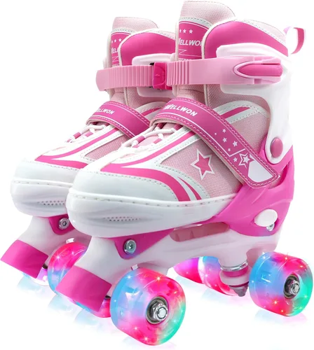 Vista 6 de Patines de ruedas para niños y niñas, 4 tamaños ajustables para niños con ruedas iluminadas, patines para niños y niñas de 5 a 8 a 12 años, verde