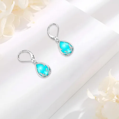 Vista 262 de Aretes colgantes de plata de ley con diseño de árbol de la vida, flor, abeja, animales, gato, colibrí, piedra lunar, turquesa, aretes con cierre