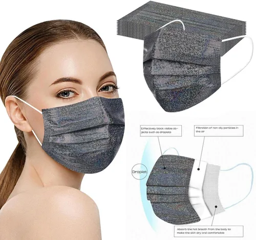 Vista 2 de Mascarillas desechables brillantes de moda, 3 capas transpirables metálicas brillantes con diseño de moda
