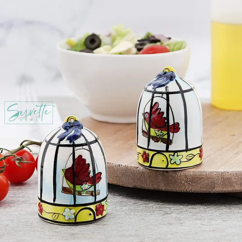 Vista 5 de Salero y pimentero de cerámica con diseño de pájaros para coleccionistas, decoración de cocina - Jaula de pájaros Tortolitos rosados